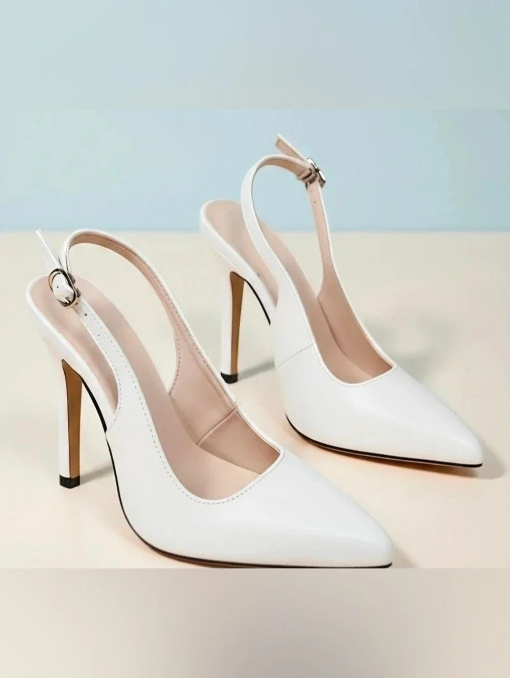 White Pointed-Toe Slingback Heels with Stiletto Heel